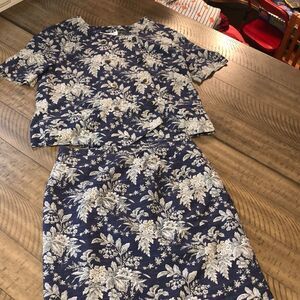 Made in France 🇫🇷 Rodier Cotton Skirt Suit Double Button Leaf Toile Pattern